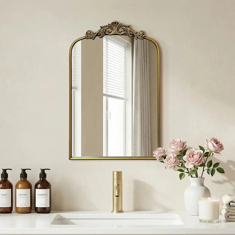 Gold Baroque Vintage Mirror for Vanity 24x16Inch Gold Antique with Ornate Frame, Arched Vintage Wall for Bathroom, Living Room, Fireplace, Entryway (Golden (Arched 7), 24"L x 16"W（Vertical ）)
