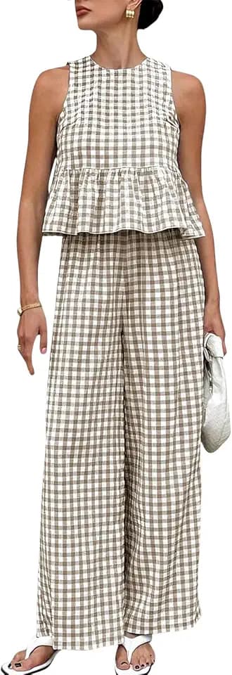 Womens Gingham 2 Piece Set Sleeveless Ruffle Tank Wide Leg Pants