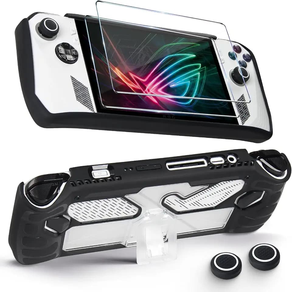 CLOKORIA Protective Case Compatible with ASUS Rog Ally 2023,3 in 1 Cover Case for Rog Ally with 2 Tempered Glass Screen Protector and 2 Thumb Grip Caps (Black)