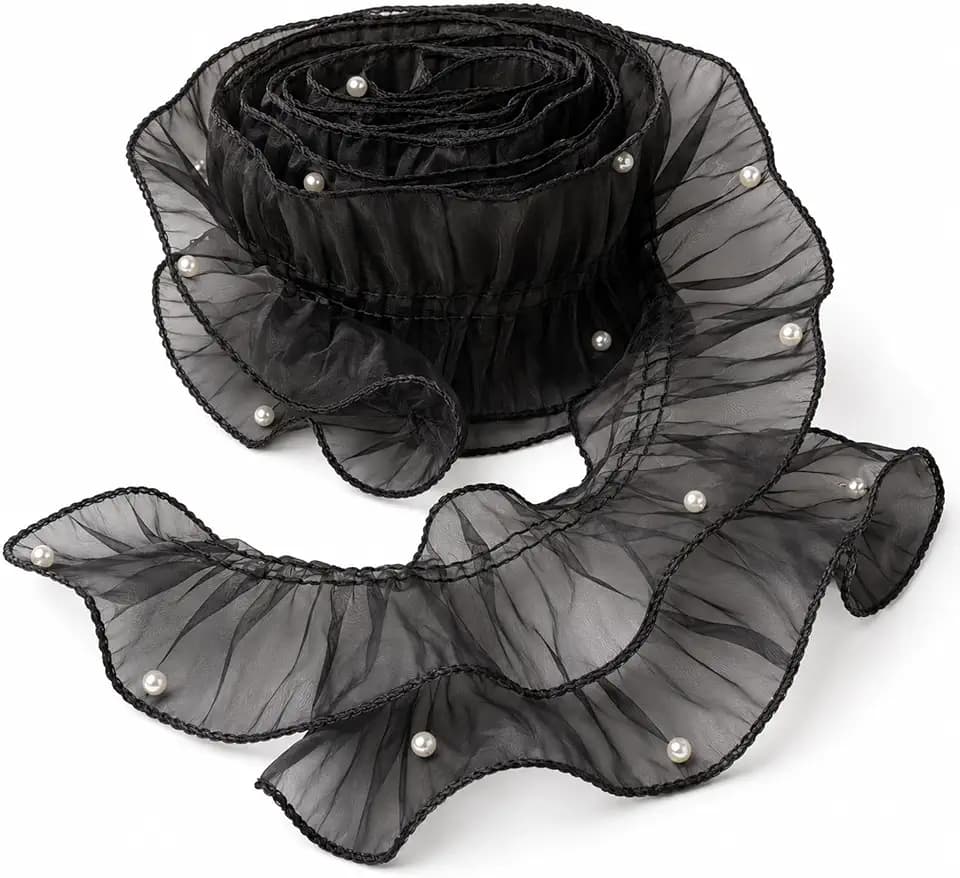 AIETSYEI Black Pearl Mesh Ruffle Trim 4.5 Inch x 3 Yards