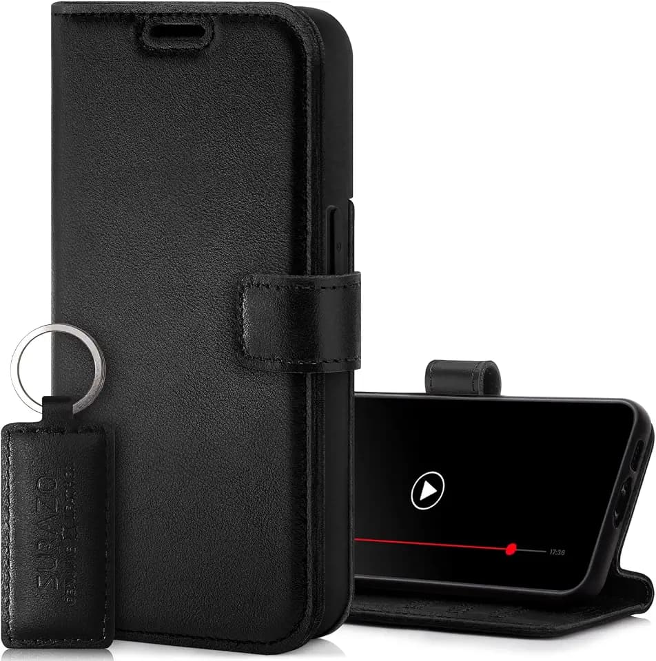 SURAZO Handyhülle für Apple iPhone 15 Pro Max Hülle Leder – Klappbar Echtleder Schutzhülle [ Magnet, Kartenfach, RFID Schutz, Standfunktion ] Flip Klapphülle Wallet Case Cover Lederhülle (Schwarz)