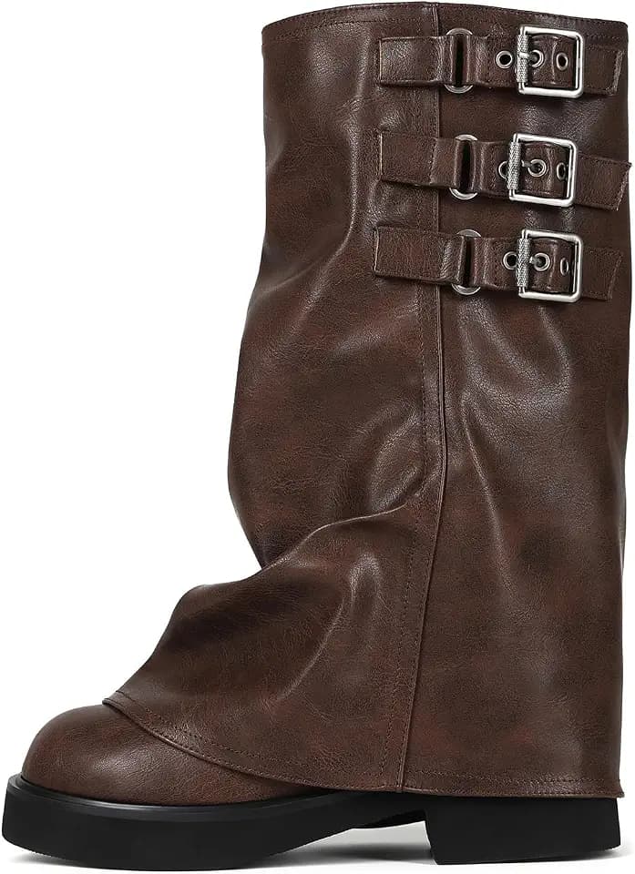 Mid Calf Slouchy Boots for Women Square Toe Fold Over Motorcycle Riding Boots With Buckle Wide Calf Casual Comfortable Moto Biker Shoes