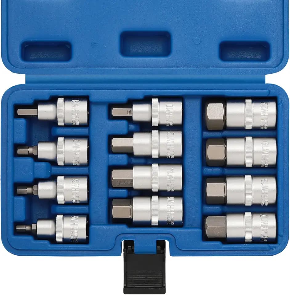CASOMAN 12PCS 1/2" Dr. Impact Hex Bit Socket Set, Metric, H5-H22 Allen Key Socket Set, for Torque Wrench, Ratchet Wrench, CR-V