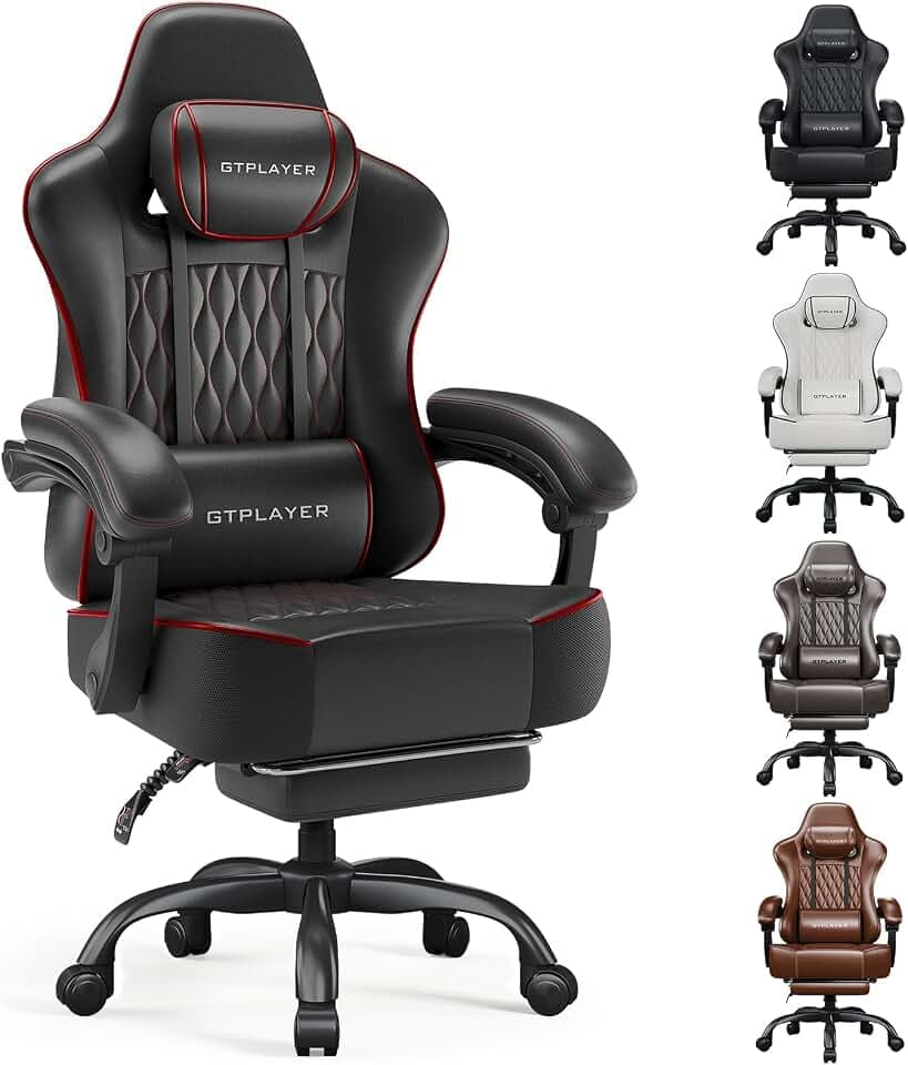 GTPLAYER Gaming Chair, Computer Office Chair with Pocket Spring Cushion, Linkage Armrests, Comfortable Leather Computer Chair, Black & Red