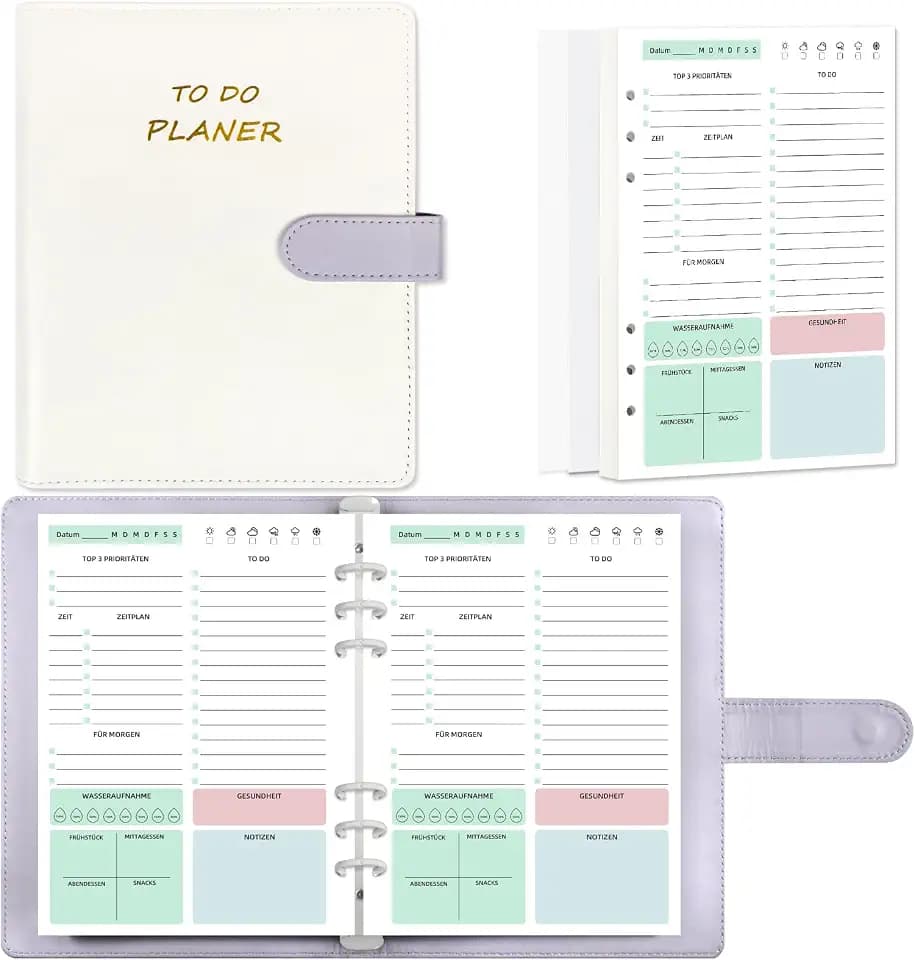 Undatierter A5 6 Löcher Loseblatt PU Tagesplaner,Notizbuch mit To Do Liste Aufgabenliste Terminplaner 140 Seiten/70 Blatt Notizblöcke Hard Cover Tagesplanung, für planner,tagesplan-Weiß