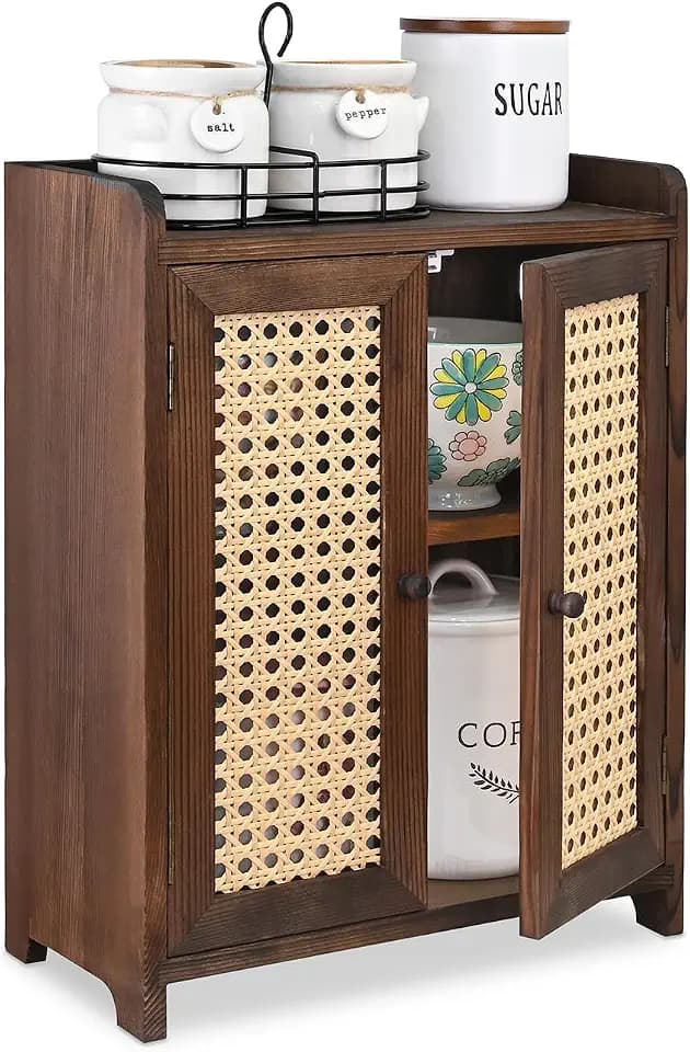 Ikee Design Wood Storage Cabinet with Rattan Doors, with Removable Shelves