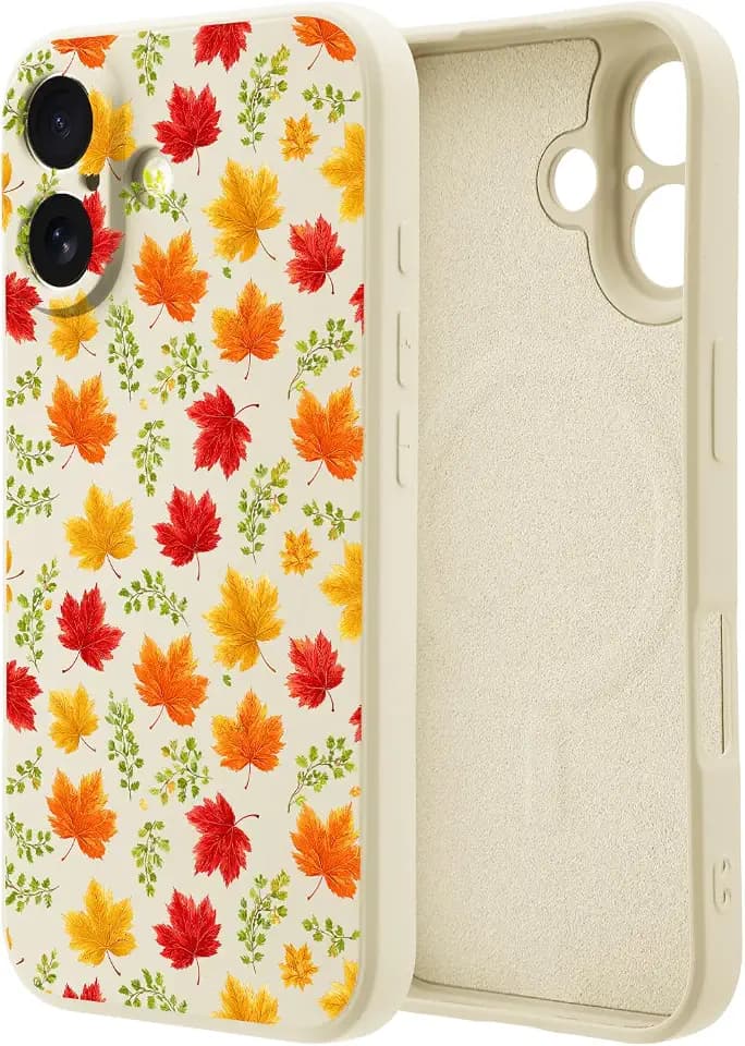 for iPhone 15 Pro Max Case Compatible with MagSafe,Cute Thanksgiving Autumn Leaves Fall Phone Case,Soft White Liquid Silicone Slim Fit Protective Cover for Women Girls