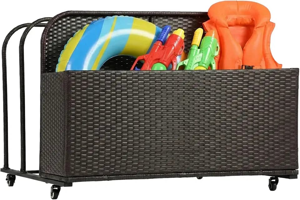 FDW Pool Float Storage Poolside Storage Bin Holder Storage Rack with Wheels PE Rattan Basket Open Compartments for Floaties Noodles Life Vests Beach Balls Equipment Cushions Patio furniture