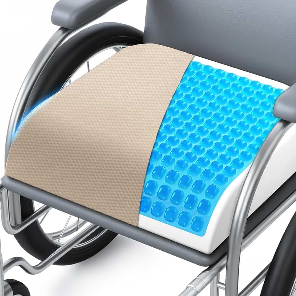 Wheelchair Seat Cushion for Pressure Relief, Cooling Gel Memory Foam Chair Cushion with Slope-Edge Design, Coccyx Support for Tailbone Pain, Non-Slip, for Wheelchairs, Office Chairs & Car Seats, Khaki