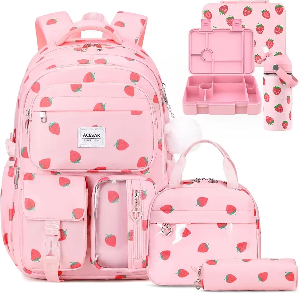 ACESAK Backpack for Girls with Bento Box & Water Bottle (Pink Strawberry)