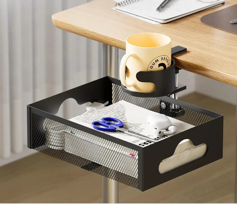 Schublade Unter Schreibtisch,Untertisch Schublade mit Getränkehalter und Kabellöchern,360° Drehbar Schreibtisch Organizer, Unterbauschublade für Zuhause und Büro