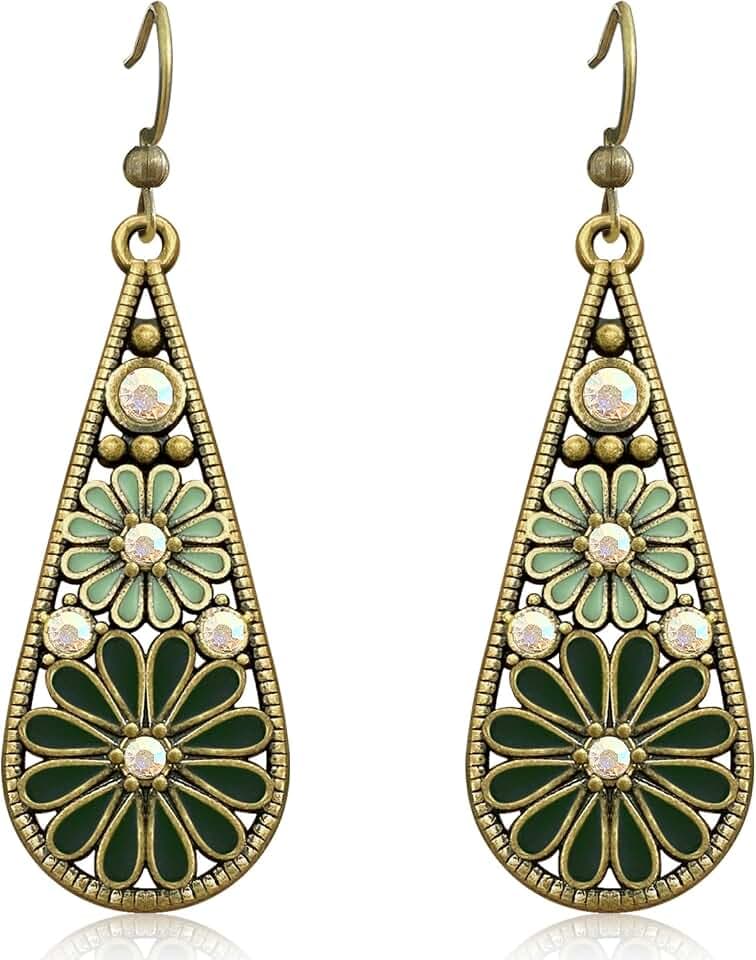 Handmade Bohemian Tribal Retro Copper Crystal Teardrop Dangle Drop Earrings National Style Geometry Colorful Enamel Flower Hook Earrings for Women