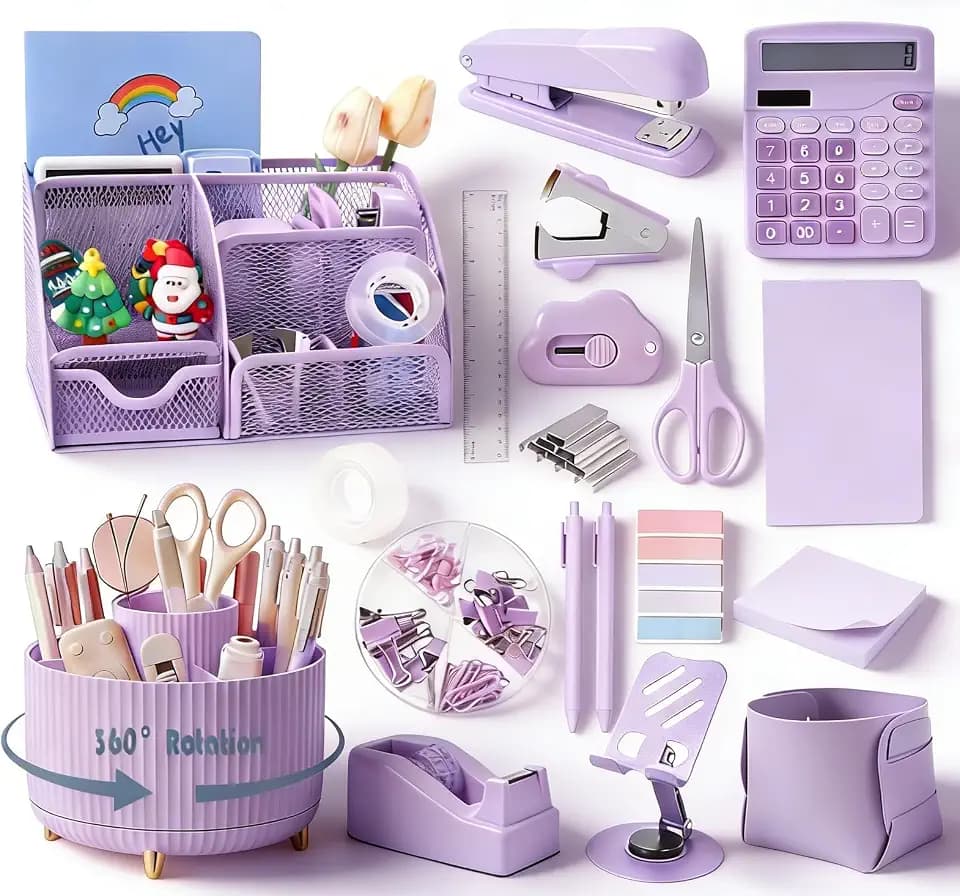 Gawsey Desk Organizers and Accessories with Desk Organizer 360° Rotating Pen Holder and Office Supplies, Cute Stationery Supplies Set (Purple)