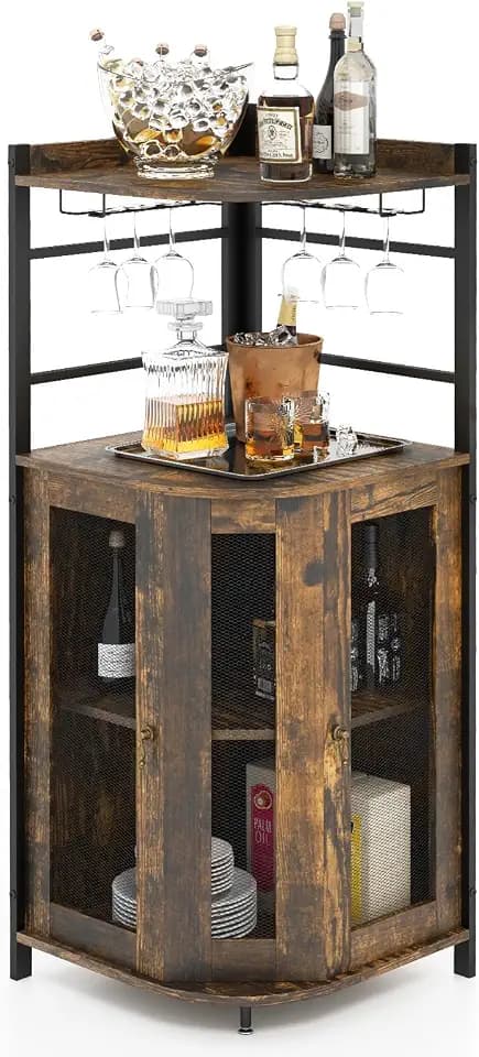 FANTASK Barschrank Industrial, Eckschrank Holz mit Glashalter, Weinschrank Barwinkel für Küche, Wohnzimmer, Esszimmer, 46 x 46 x 130 cm (Dunkelbraun), Rustikales Braun