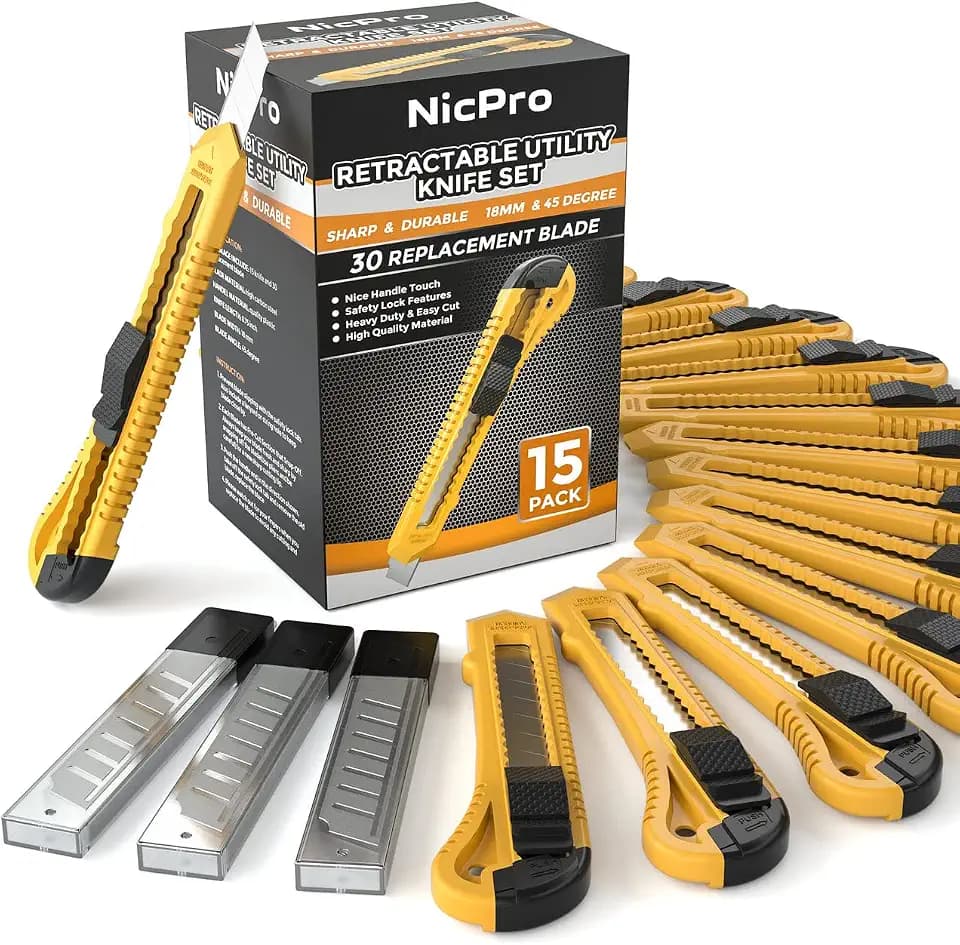 Nicpro 15 Pack Utility Knives with 30 PCS Extra Blades, Plastic Box Cutters