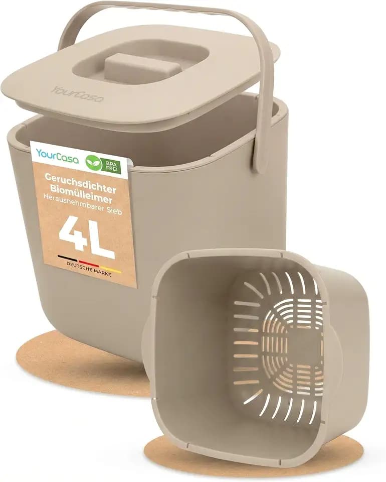 YourCasa Biomülleimer Küche 4L - Komposteimer mit herausnehmbarem Sieb & Deckel - geruchsdicht, spülmaschinenfest & ohne Biomülltüten - Bio Mülleimer klein für saubere Küchen (Beige)
