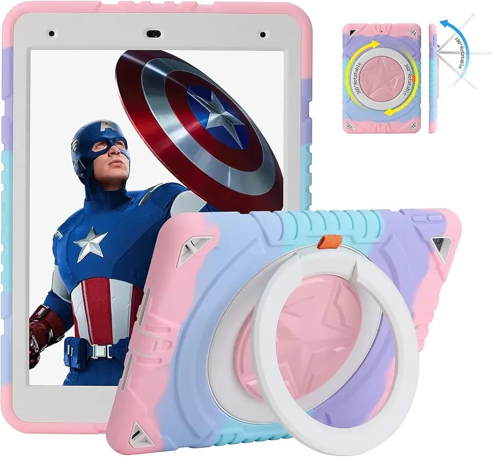 XZC iPad 9th/ 8th/ 7th Generation Case (iPad 10.2 Case 2021/2020/2019) Heavy Duty Shockproof Rugged Cover with Rotating Stand/Pencil Holder/Carrying Shoulder Strap (Colourful Pink)