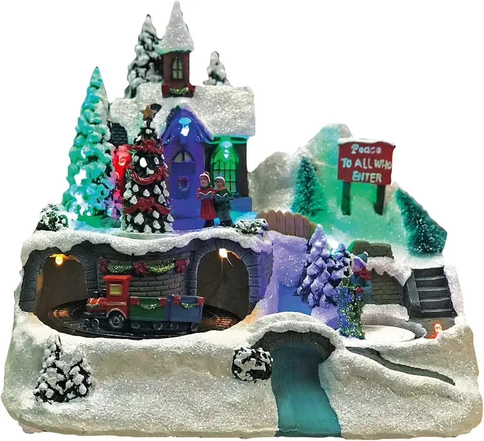 Hellum LED Weihnachtsdorf mit fahrendem Zug, Bergdorfszene im Fiberoptikstil, Weihnachtsdeko innen batteriebetrieben mit bunte Beleuchtung 3xAA 22x14x19cm 524390