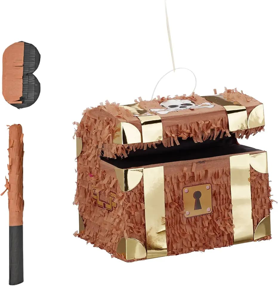 Relaxdays Pinata Schatztruhe, mit Stab & Maske, Partypinata Kinder, Geburtstag, zum Befüllen, HxBxT: 27x30x23 cm, braun