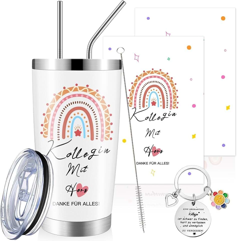 Abschiedsgeschenk für Kollegen, 20 oz Edelstahl Thermosbecher Schlüsselanhänger für Kollegen und Regenbogen Dankeskarte, Kaffeebecher mit Deckel für Ruhestand Jobwechsel Dankeschön (A)