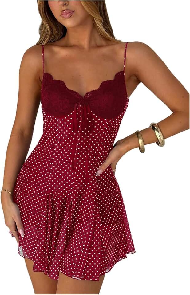 GORGLITTER Women's Polka Dots Mini Dress Cute Y2k Mesh Lace A Line Dresses