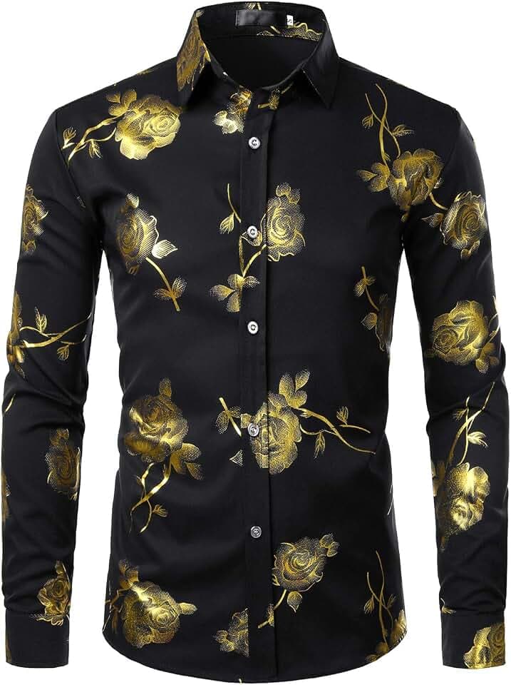 ZEROYAA Mens Luxury Rose Floral Printed Dress Shirts