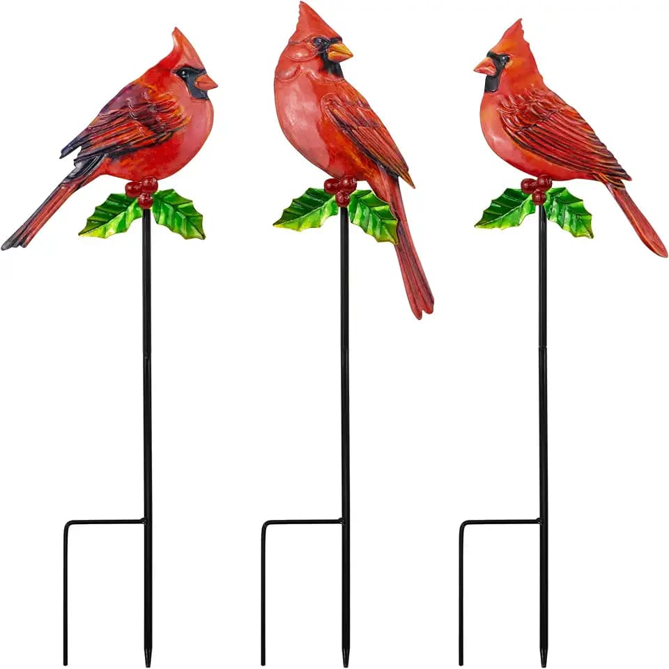 3 Pack Red Metal Bird Garden Stakes 20in Rustproof Yard Art Outdoor