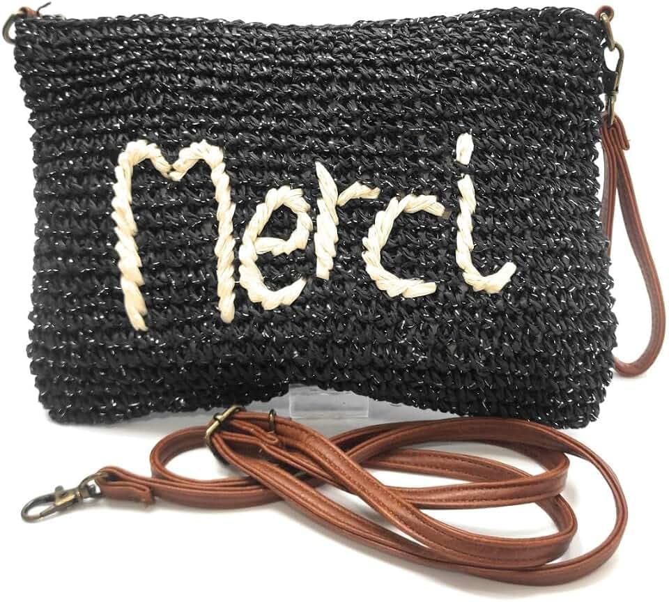 Handtasche für Damen, für den Sommer, Bast, gehäkelt, Umhängetaschen, Bast, Merci Schwarz