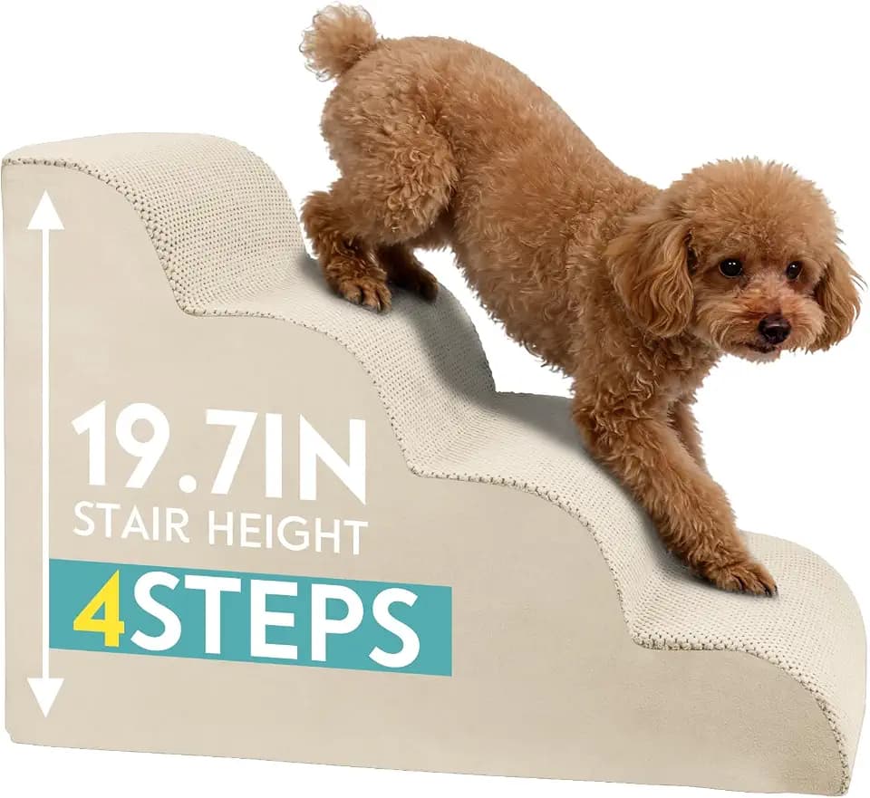 Dog Stairs for Small Dogs, Pet Stairs Steps Ramp for Puppy, Older Cat, Stairs with Whole High Density Foam, Corduroy Fabric, Non-Slip Bottom Dog Steps for Bed and Couch (Beige, 4-Step (H: 19.7IN))