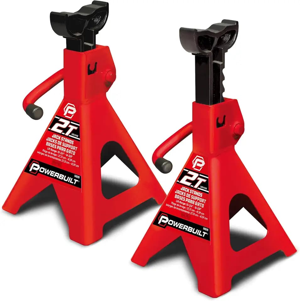 Powerbuilt 2 Ton Ratchet Jack Stand Pair, 4000 Pound 2-Piece Heavy Duty Steel Stands, Wide Angle Stability, Adjustable Height - Red 640399