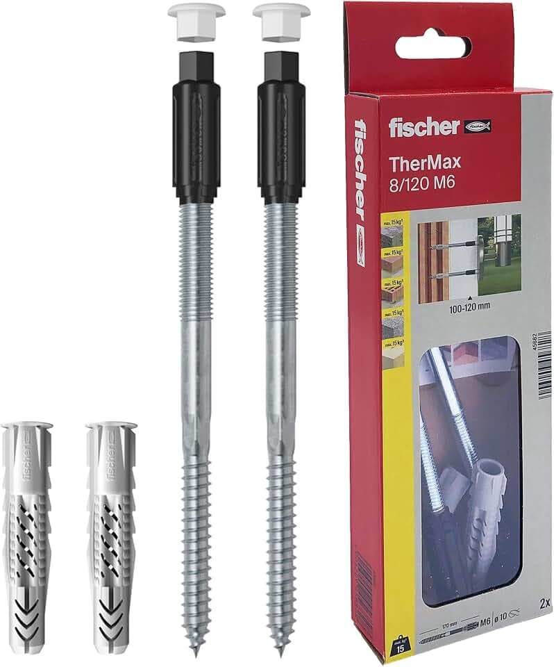 fischer Abstandsmontagesystem TherMax 8 / 120 M6 (2) für Dämmstoffe, Dämmstoffdübel zur Befestigung leichter Lasten in Wärmedämmverbundsystemen, mit Anti-Kälte-Konus