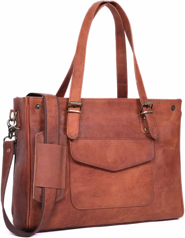 Genuine Leather Laptop Bag for Women - Large Brown Work Tote, Messenger Bag, and Briefcase with Laptop Compartment & Zipper