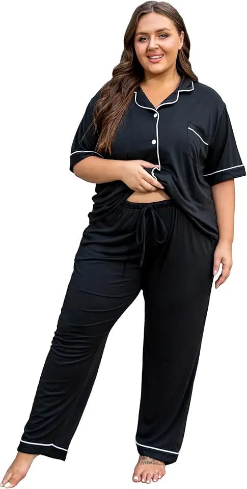 Vozanet Women's Plus Size Pajamas Button Down Shirt and Pants Soft Lounge Sets Bride Nighty Bottom with Pockets 1x to 5x
