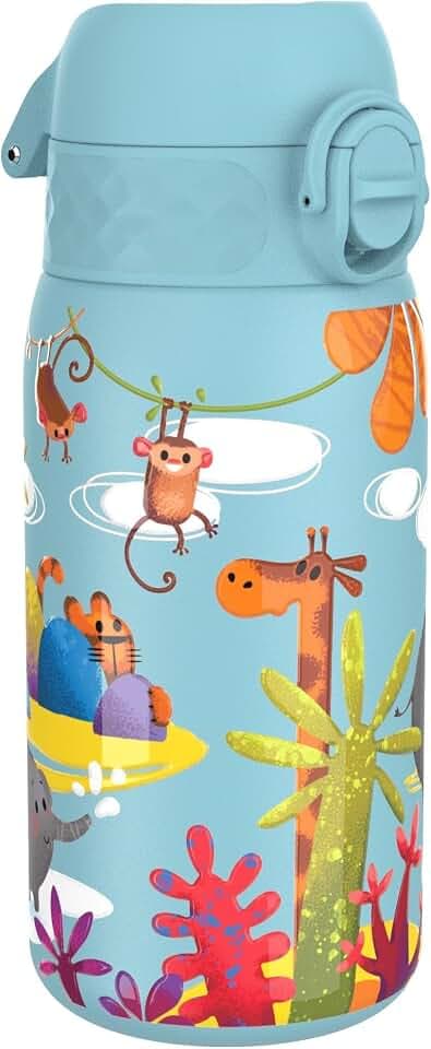 ion8 Kinder Trinkflasche, Edelstahl Leicht 400ml, Nicht Isoliert, Auslaufsicher, Einhandöffnung, Sichere Verriegelung, Spülmaschinenfest, Klappdeckel, Tragegriff, Leicht zu Reinigen, Safari