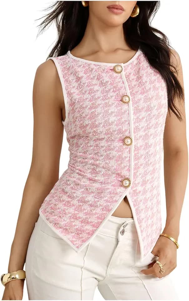 MakeMeChic Women's Houndstooth Vest Tops Sleeveless Blouse Dressy Top