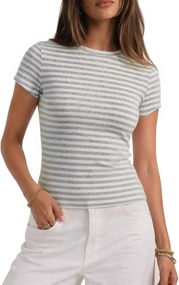 CHYRII Womens Lyocell Summer Tops Striped Casual Short Sleeve T Shirts
