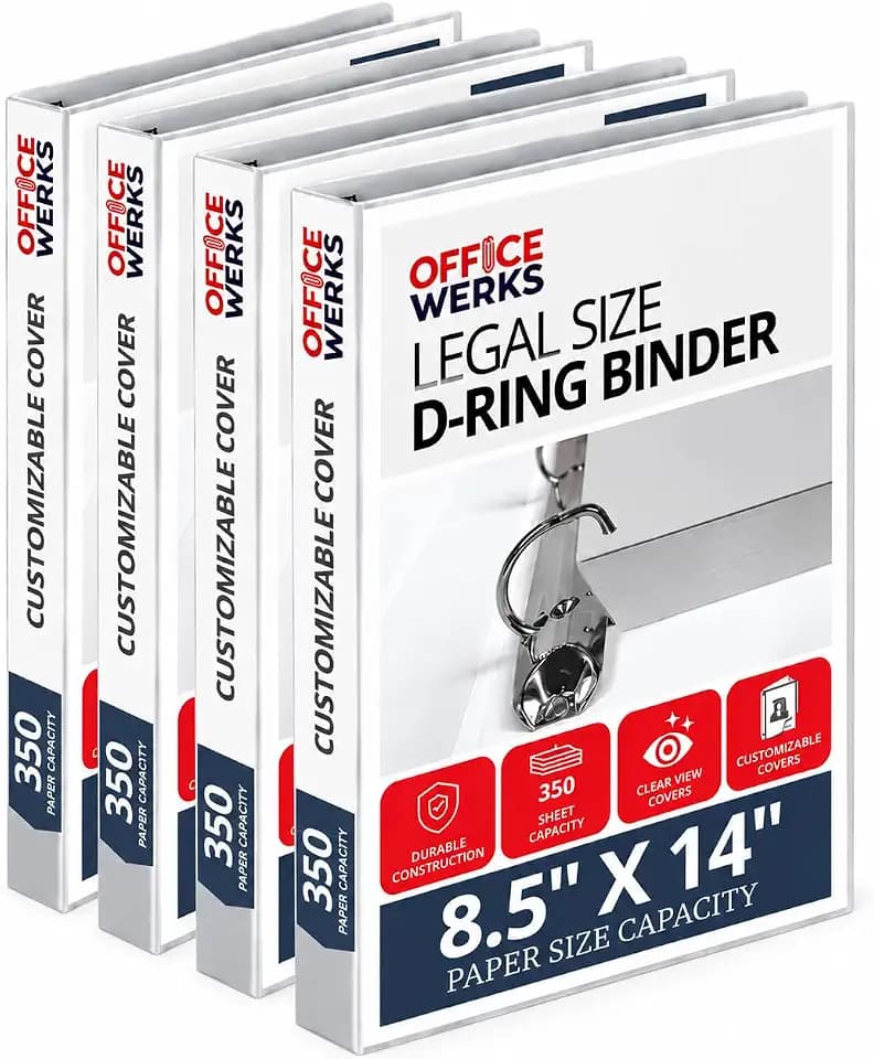 Performore - Office Werks Heavy Duty 4-Pack Legal Size View Binder - 14" x 8.5", White, 1.5 Inch D-Ring, Back Mount Binder