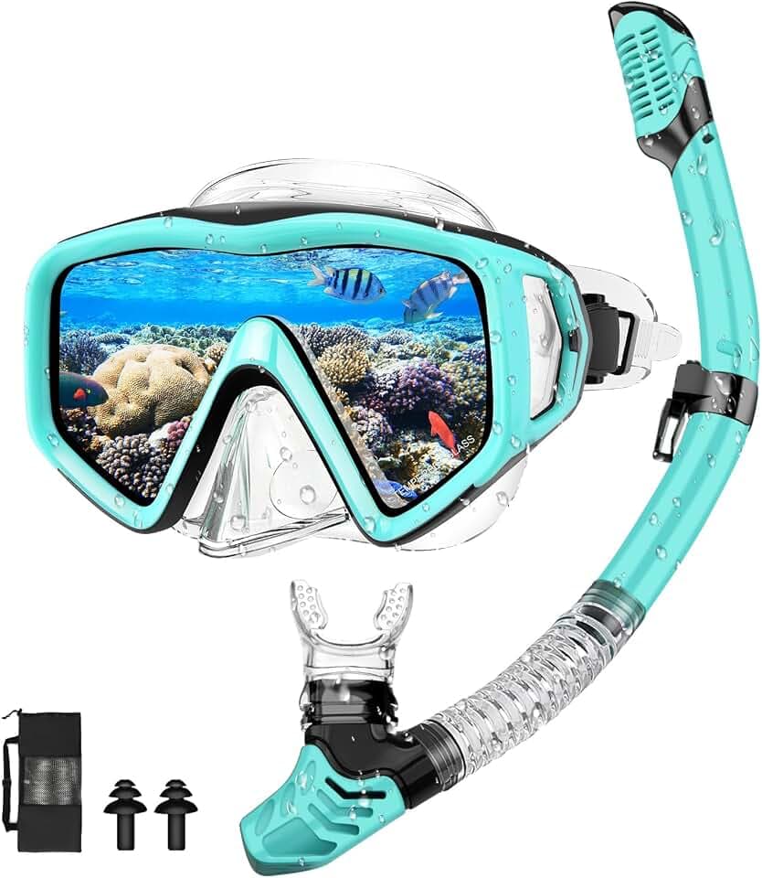 Schnorcheln Set Erwachsene, Schnorchelset mit Taucherbrille und Trocken Schnorchel, Wasserdicht Anti-Fog/Anti-Leck Schnorchelmaske aus Gehärtetem Glas zum Schnorcheln, Schwimmen und Tauchen