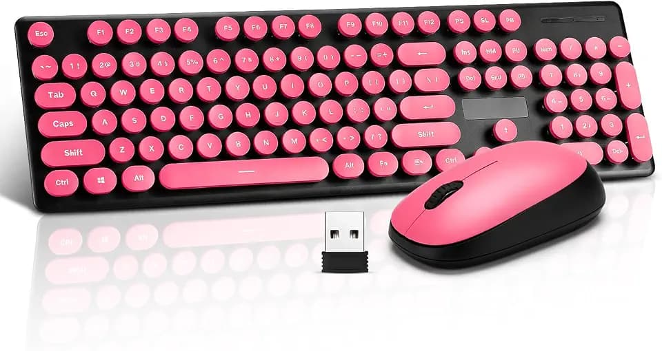 Wireless Keyboard and Mouse Combo, Full Size Compact Quiet Wireless Keyboard and Mouse Set 2.4G Ultra-Thin Sleek Design for Windows, Desktop, PC, Notebook, Laptop,Round Keys Rose Red with Punk