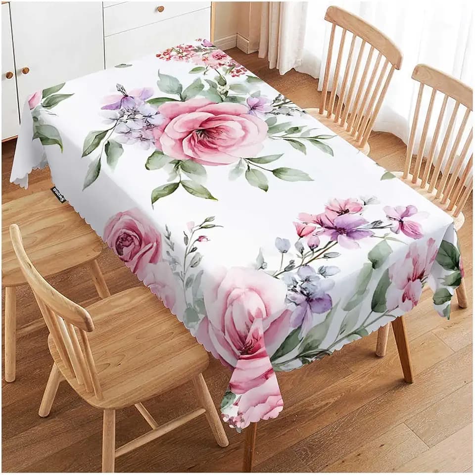 Swono Rose Table Cloth Rectangle Tables Watercolor Pink Flowers Rose Leaves Kitchen Table Cover Oblong 52"X70" Tablecloth for Dining Table Buffet Parties Patio and Camping