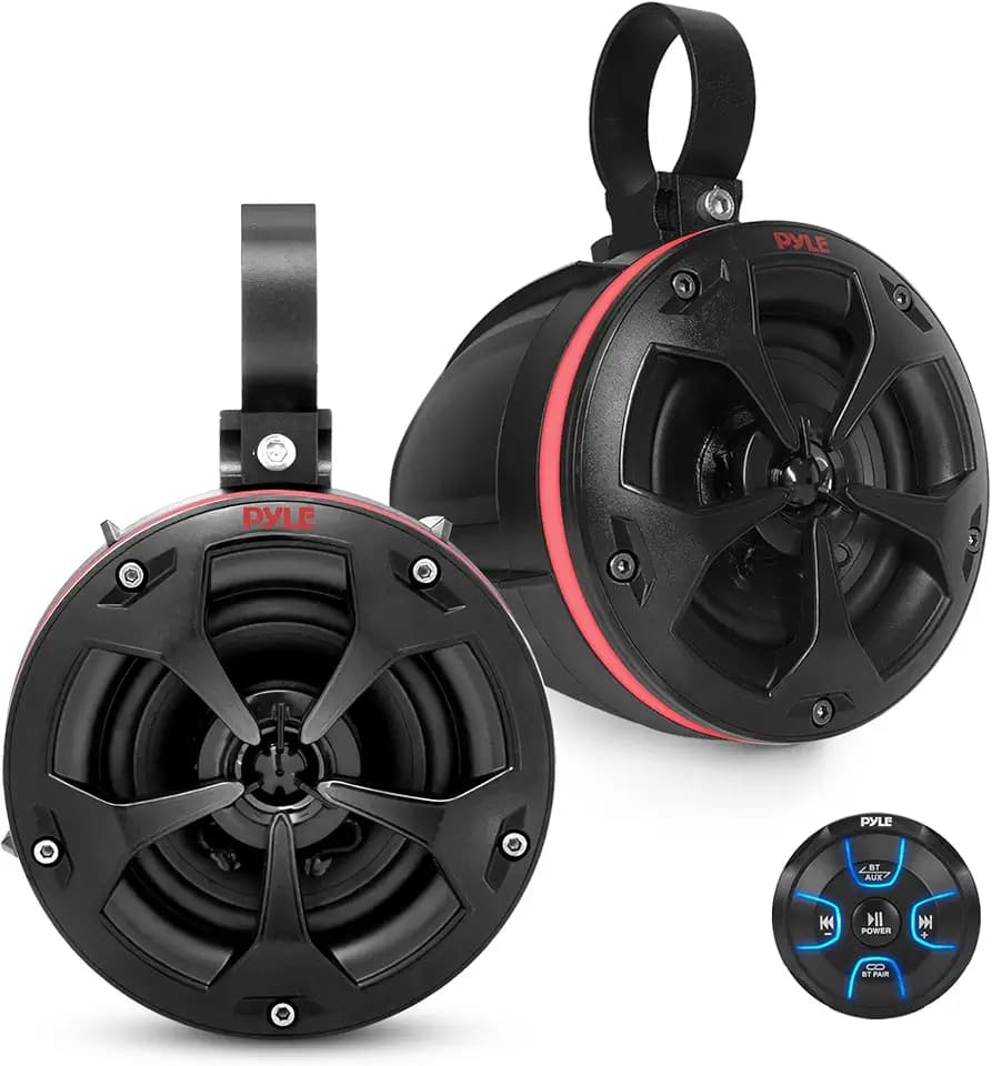 Pyle 2-Way Waterproof Off Road Speakers - 4" 800W Active Passive Marine Grade Wakeboard Tower RGB Speakers System w/Bluetooth Controller, Full Range Stereo Speaker for ATV/UTV Jeep Boat PLUTV48KBTR