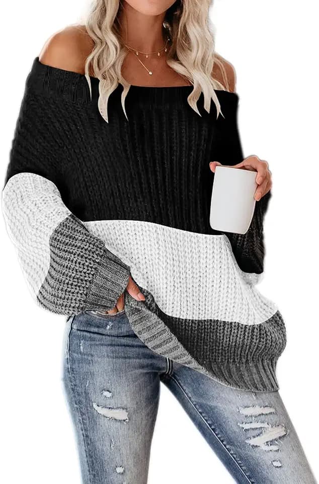 VIMPUNEC Womens Off Shoulder Color Block Sweater Oversized Pullover Top