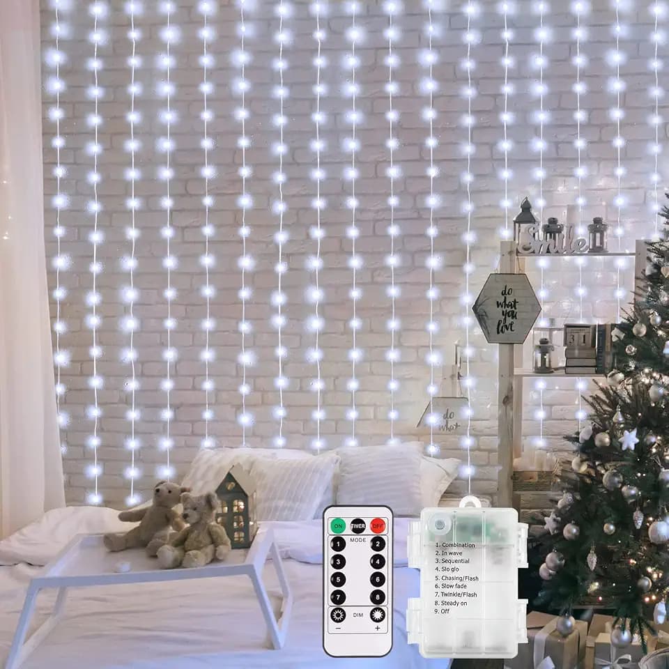 echosari Curtain Lights Battery Operated 6.6×6.6ft with Remote Timer
