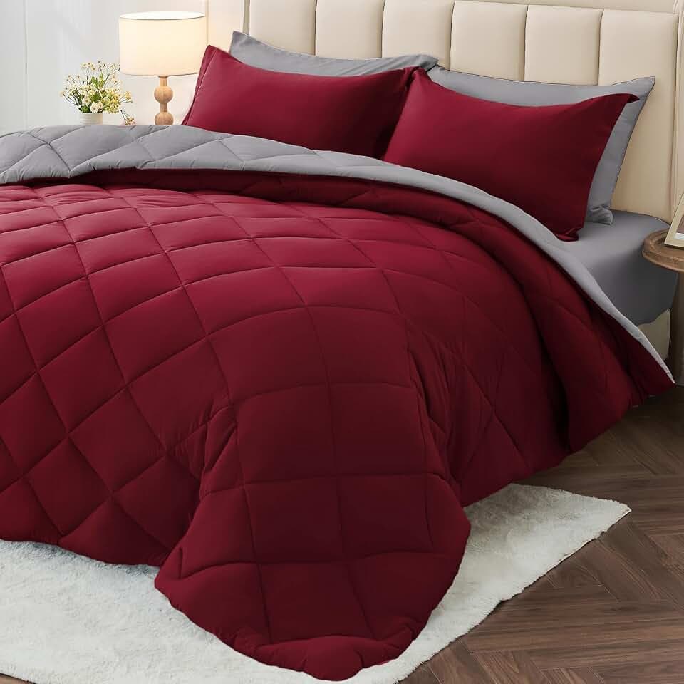 MUXHOMO 7 Pieces Oversized Queen Comforter Set, Reversible Bed in a Bag Oversized Queen Size, All Season Bedding Set with Comforter, Flat Sheet, Fitted Sheet, Pillowcases & Shams, Burgundy & Grey