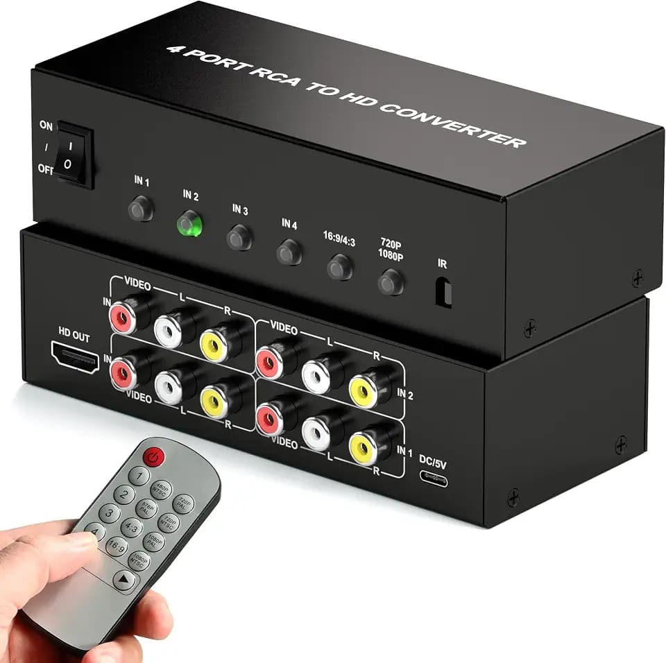 Multiple RCA to HDMI Converter for Smart TV, Composite to HDMI Converter, 4 Port Upscaler for N64 /AUX/ PS2/ PS3/ VHS/VCR/DVD Players