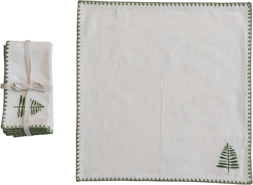 Creative Co-Op Cotton Napkins with Embroidered Tree and Edge, Natural and Green, Set of 4