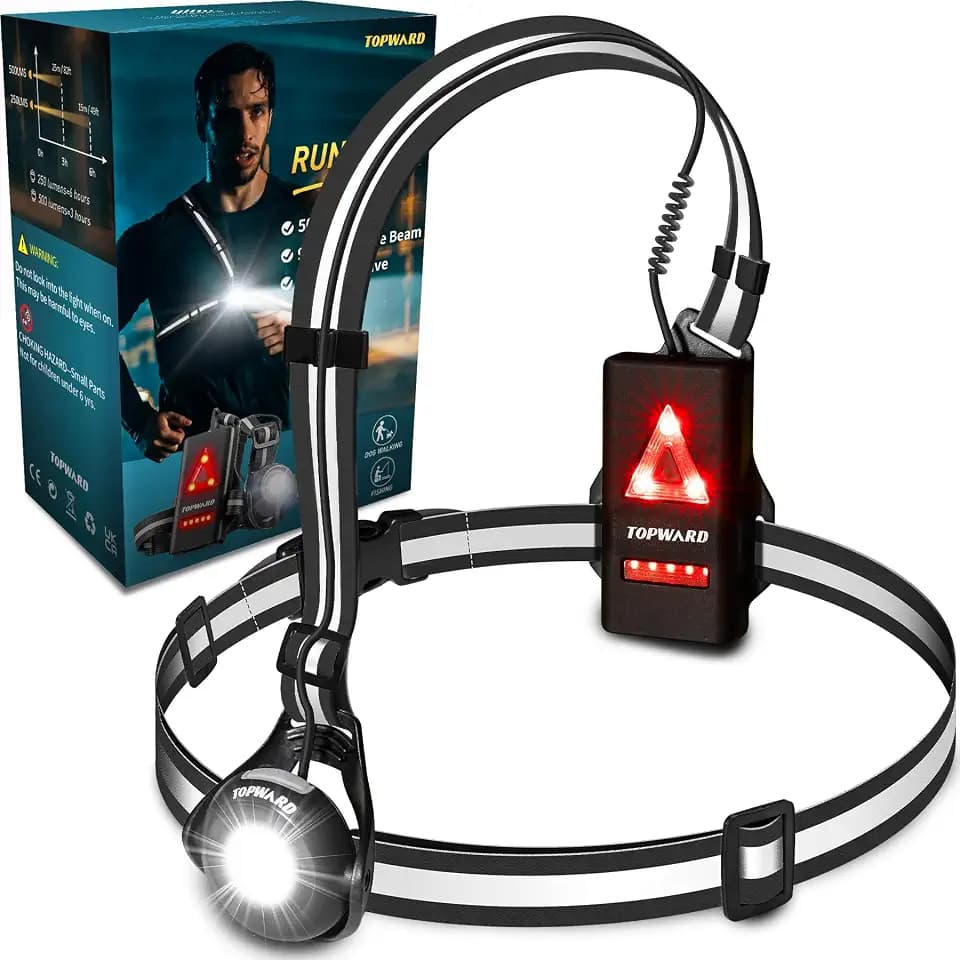 Topward Lauflicht, Lauflampe Joggen Brustlampe, 500 Lumen wiederaufladbar per USB-C, 90°verstellbarer Abstrahlwinkel, 360°reflektierendes Band, wasserdicht, einstellbar, Laufen Licht Jogger Lampe