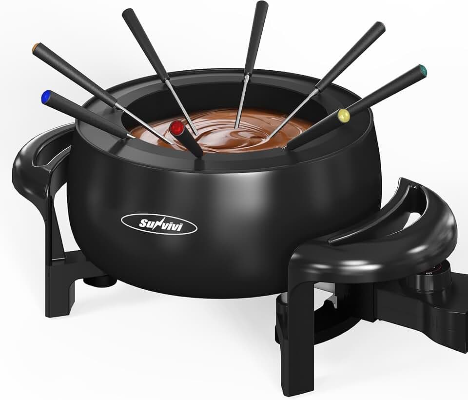Sunvivi 3 Quart Electric Fondue Pot Set for Melting Chocolate Cheese with Adjustable Temperature Control and 8 Color-Coded Forks, 1000W Non-Stick Fondue Maker for Dessert, Oil and Broth