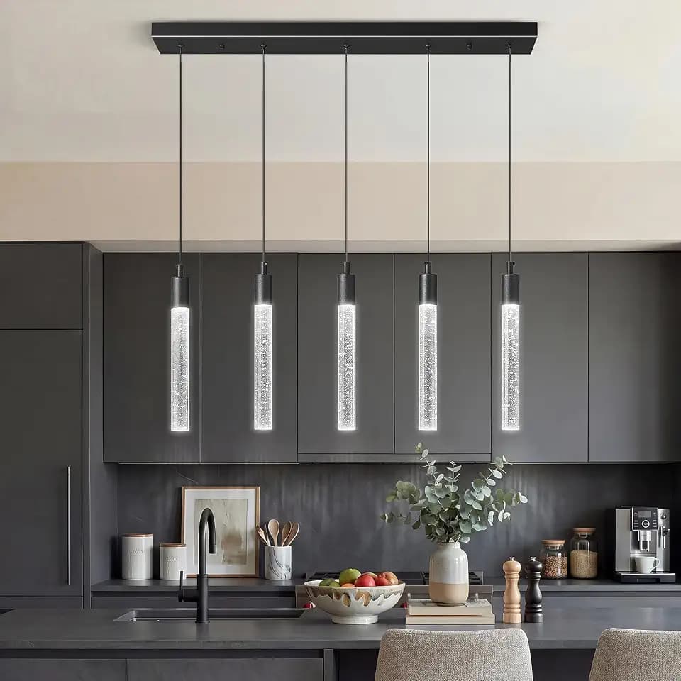 Kitchen Island Lighting Modern Light Fixture Black Pendant Light Dimmable LED Black Finish Mini Crystal Pendant Lights for Dining Room Living Room（5-Light）