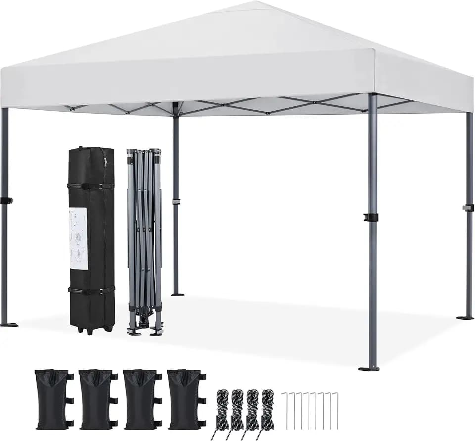 Yaheetech 10x10 Pop Up Canopy Tent 1-Button One Person Setup, SLV Coat Wht